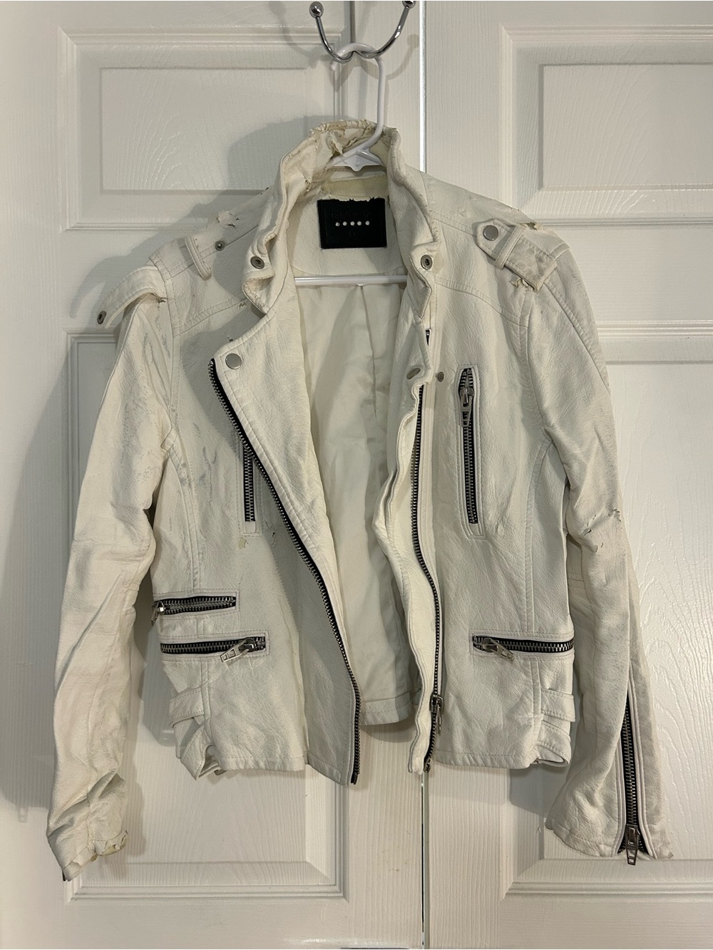 Blank NYC White Leather Biker Jacket with Zip Details